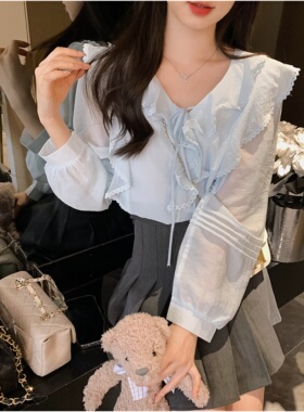 安璃 法式甜美荷叶边显白水蓝色别致系带显瘦上衣