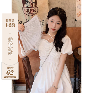 【】安璃 ANLI 挂脖纯欲系收褶短裙泡泡灯笼袖甜美少女连衣裙