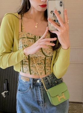 安璃 ANLI 绿野仙踪·复古时髦显白碎花小吊带背心绿色开衫套装