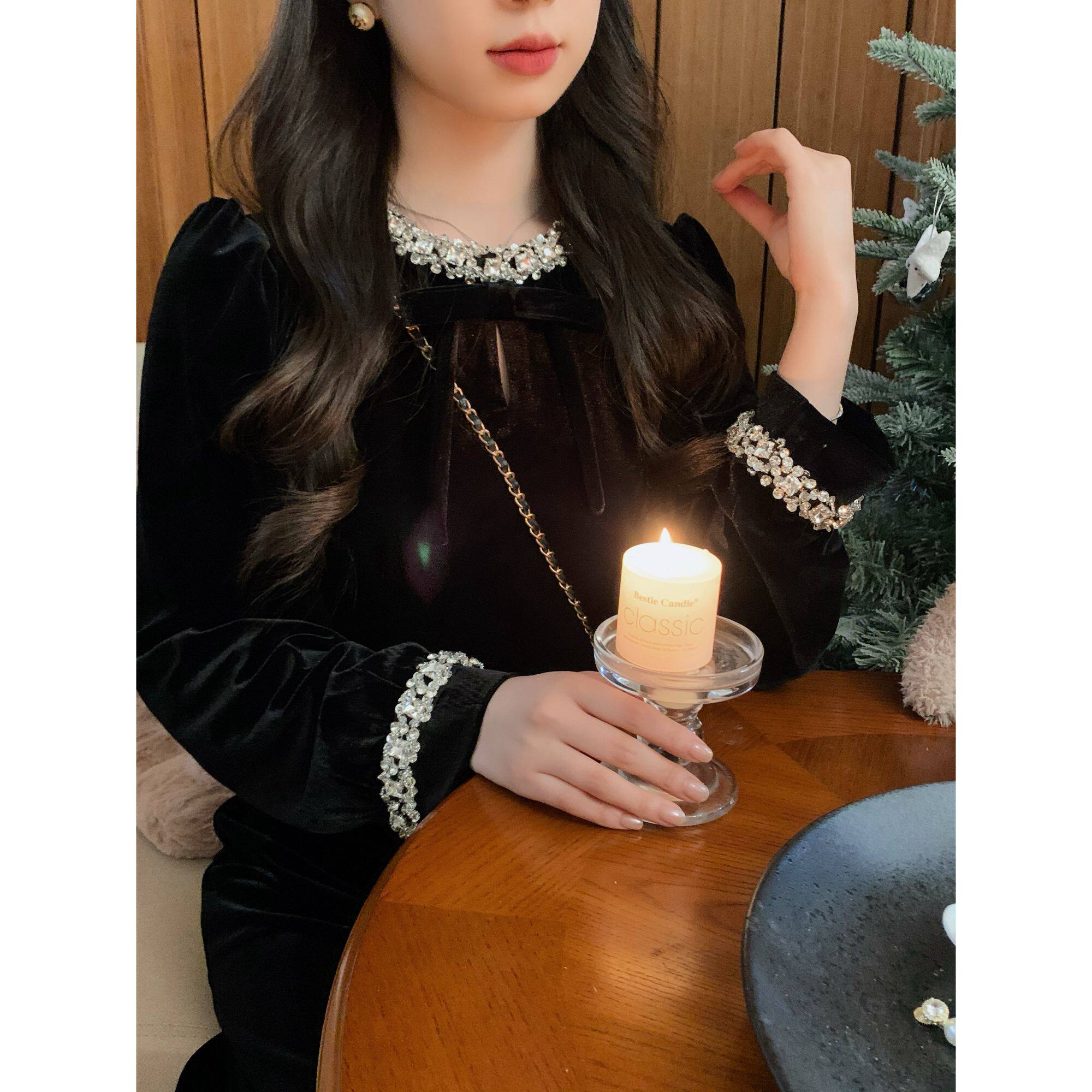 安璃 法式复古设计拼接重工水钻细闪丝绒小黑裙高级感赫本连衣裙