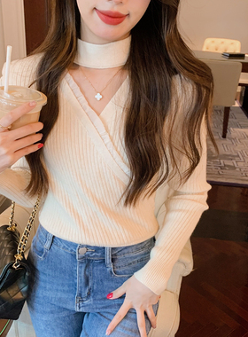 安璃 木耳花边交叉V领挂脖毛衣甜辣风少女百搭打底上衣2022年新款