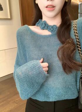 安璃 显白孔雀蓝设计感挂脖立体小花针织毛衣气质百搭宽松上衣