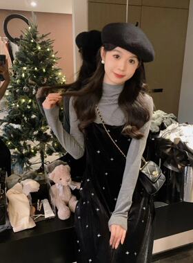 安璃 繁星~精致温柔雪花星星黑色背带裙显瘦甜美长短款丝绒连衣裙