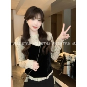 上衣黑色吊带马甲撞色两件套上衣 优雅小波点木耳边长袖 安璃 法式