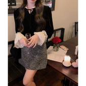 安璃 年会氛围感名媛气质加绒上衣 口黑色丝绒衬衫 法式 精致花边袖