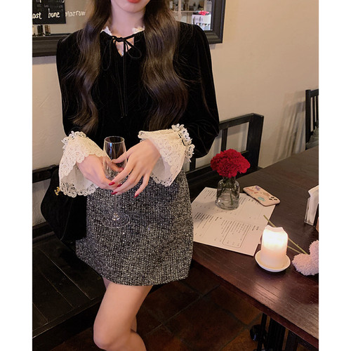 花边拼接丝绒衬衫上衣