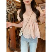 衬衫 安璃 西柚粉甜美蕾丝边刺绣镂空上衣小裙边下摆少女感两穿式