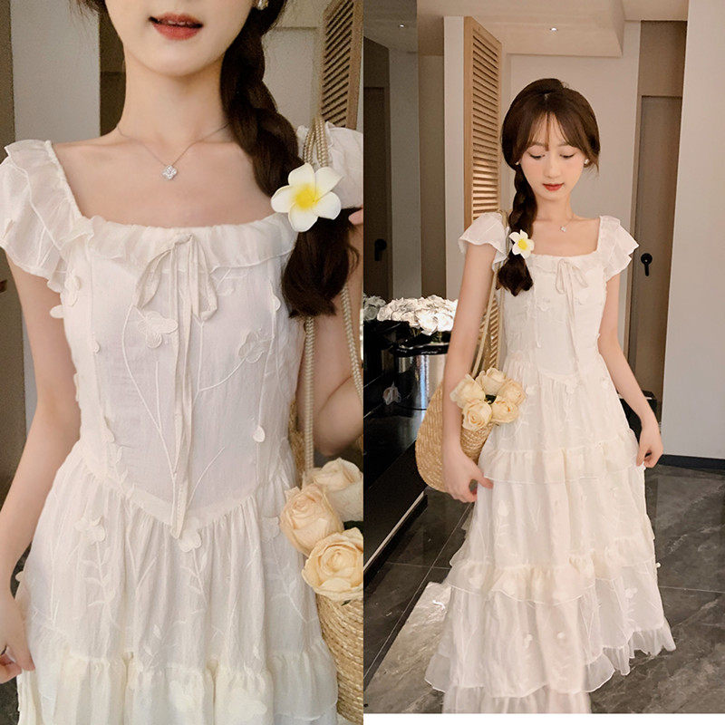 安璃 精致重工立体小蝴蝶刺绣连衣裙收腰显瘦木耳边方领仙女长裙,女装/女士精品,连衣裙,淘宝优惠券,粉丝福利购,淘宝优惠卷