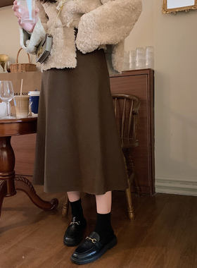 安璃 法式气质毛呢半身裙秋冬高腰百搭温柔A字中长款咖色伞裙新款