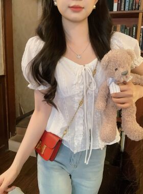 安璃 奶油少女~法式甜美木耳花边方领两穿式绣花上衣白色蕾丝衬衫