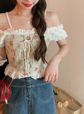 安璃 ANLI 复古碎花系带上衣拼接蕾丝两穿夏季甜美吊带衫2023新款
