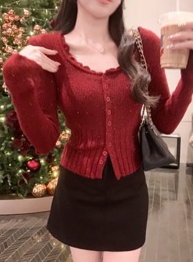 安璃 精致亮丝圆领蕾丝单排扣毛衣