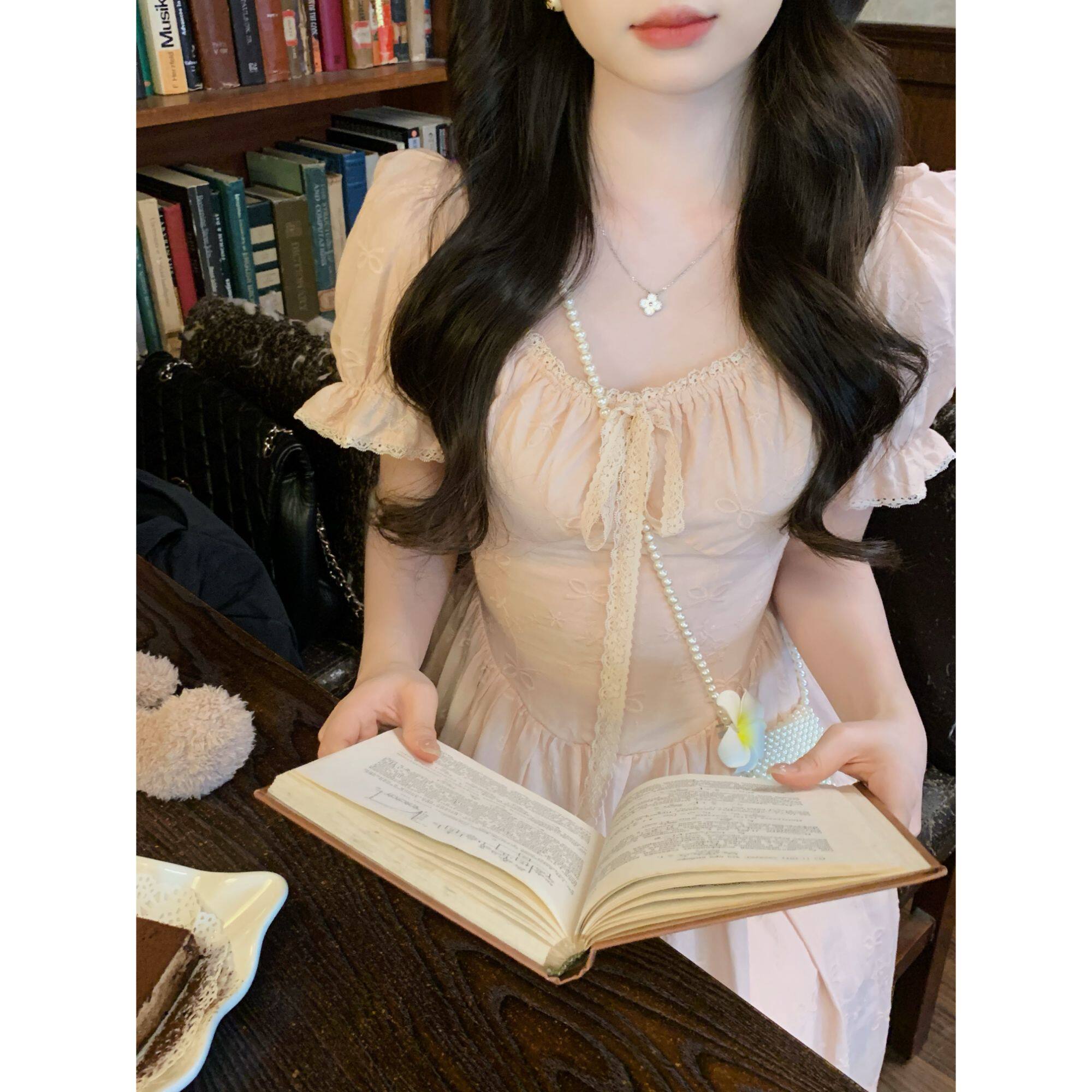 安璃 桃之夭夭~西柚粉温柔甜美花边收腰连衣裙两穿蝴蝶结刺绣打揽