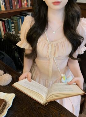 安璃 桃之夭夭~西柚粉温柔甜美花边收腰连衣裙两穿蝴蝶结刺绣打揽