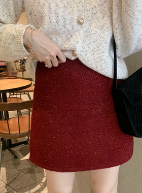 安璃 2024年新款高腰红色亮闪小香风半身裙新年氛围喜庆百搭短裙