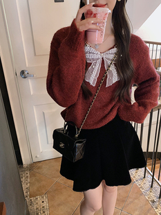 安璃 精致钉珠领口蝴蝶结仙气毛衣慵懒宽松显瘦甜美软糯针织衫