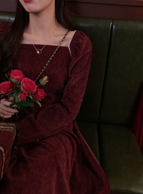 安璃ANLI 2021新款珍珠拼接后背绑带中长裙连衣裙韩系复古显瘦潮