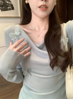 安璃  灵动蝴蝶荡领甜美长袖气质针织衫时髦简约百搭上衣2025新款