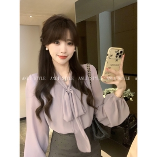 安璃 温柔优雅风气质蝴蝶结绑带紫色衬衣长袖衬衣秋季淑女上衣