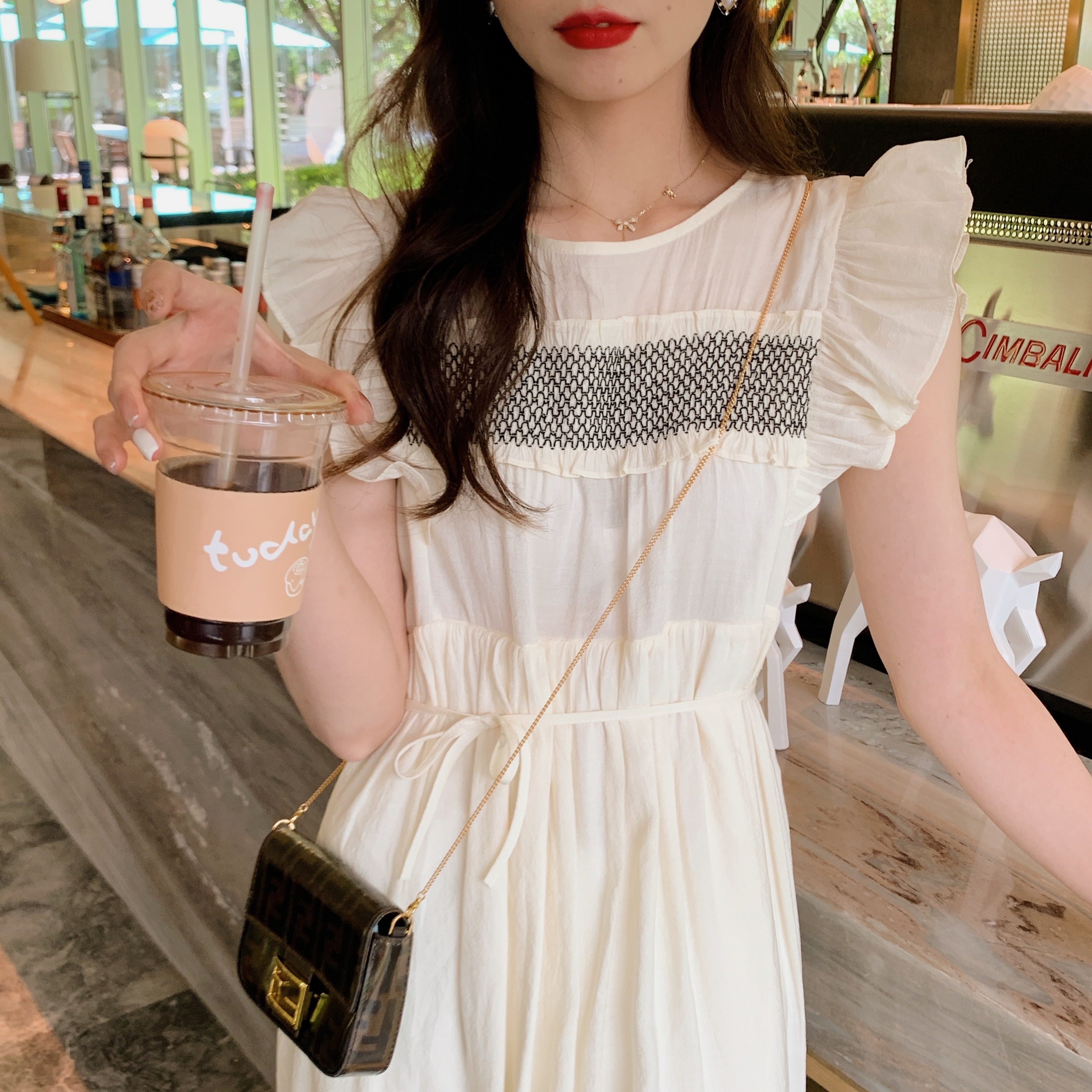 安璃 ANLI 小飞袖撞色连衣裙宽松温柔气质少女减龄腰带长裙新款,女装/女士精品,连衣裙,淘宝优惠券,粉丝福利购,淘宝优惠卷