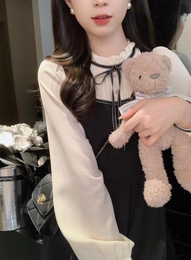 安璃 小千金~法式复古别致甜美拼接假两件显瘦小黑裙连衣裙秋冬款
