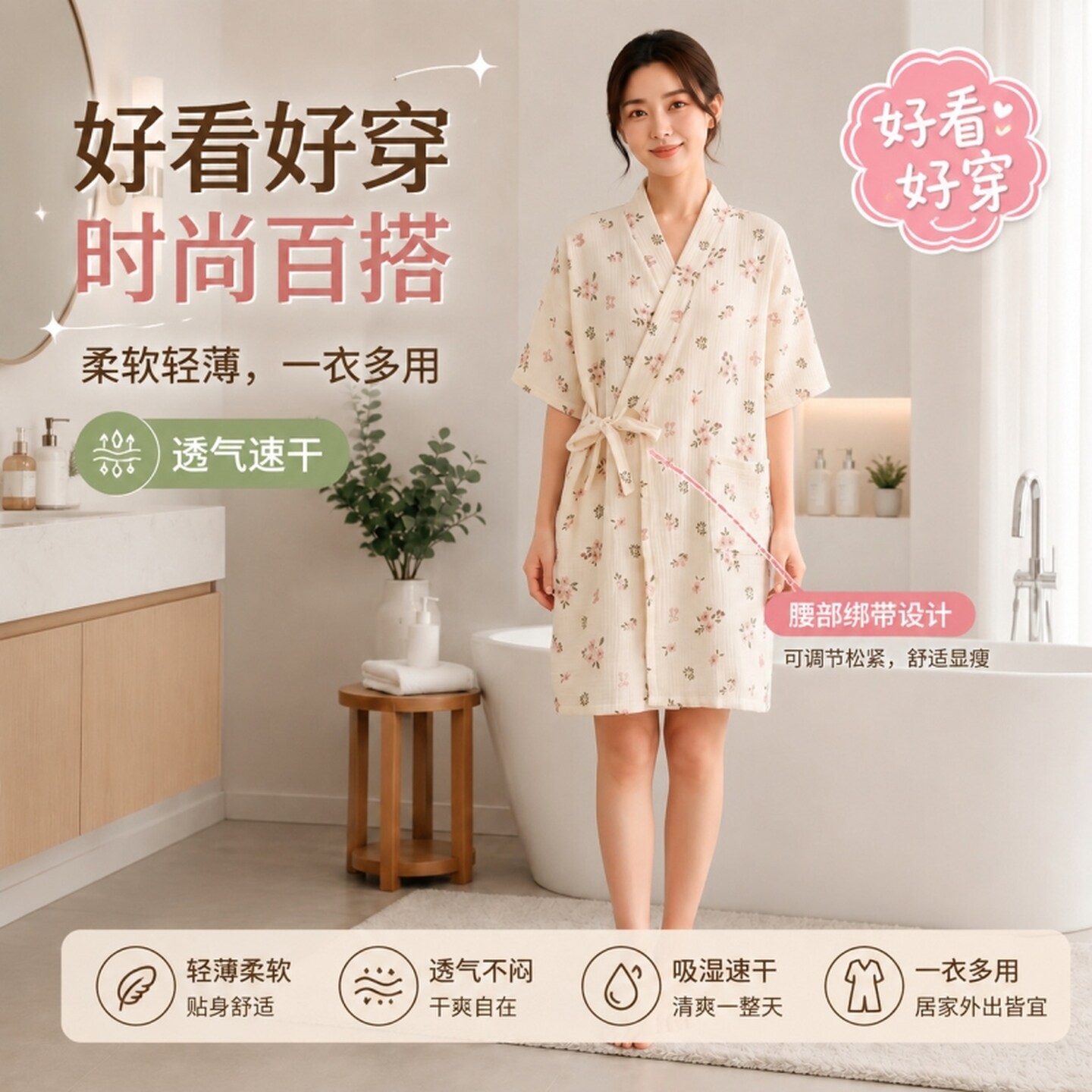 浴巾女可穿棉印花浴袍女春夏家居服睡袍宽松系带睡衣薄款舒适透气