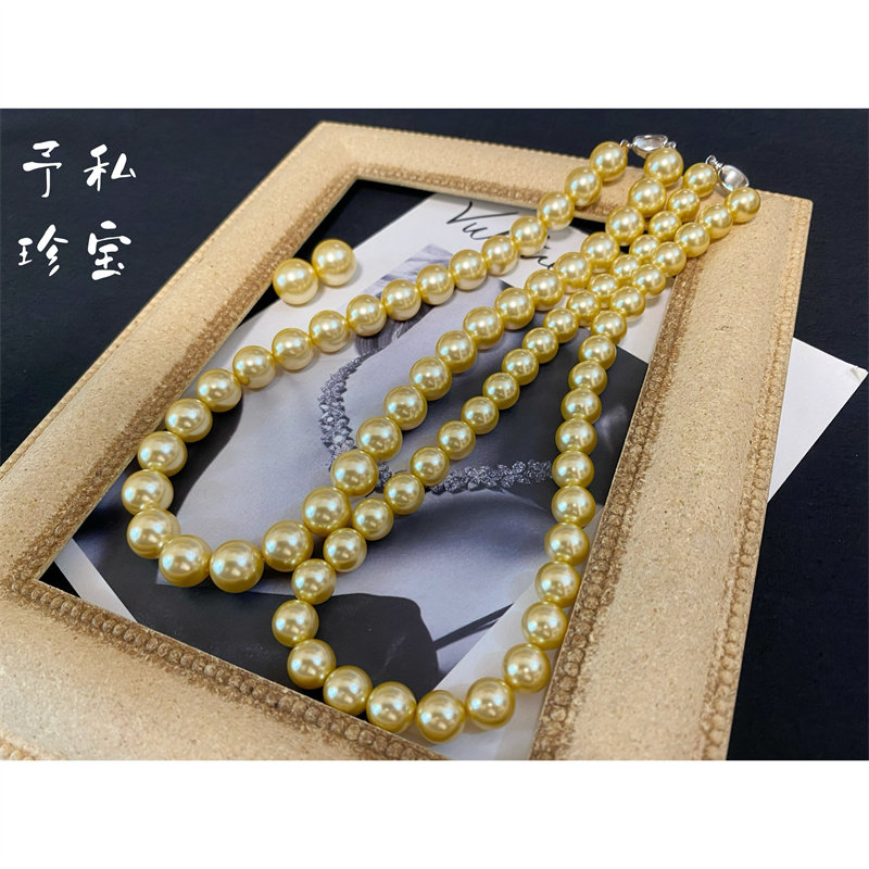 予 1650 复古Vintage倪妮同款金黄色正圆耳钉珍珠项链套装 包邮