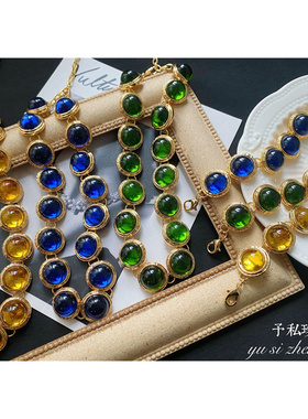 予 286 复古Vintage欧美巴洛克镀真金保色彩色琉璃手链项链套装