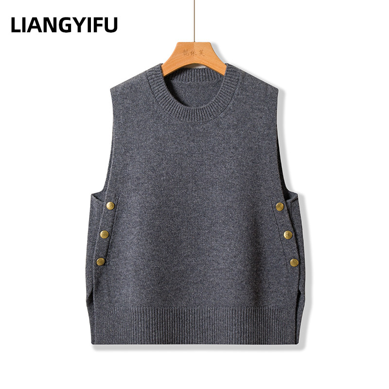 秋冬新款外穿圆领时尚开叉羊毛针织马甲洋气女士毛衣背心坎肩马夹