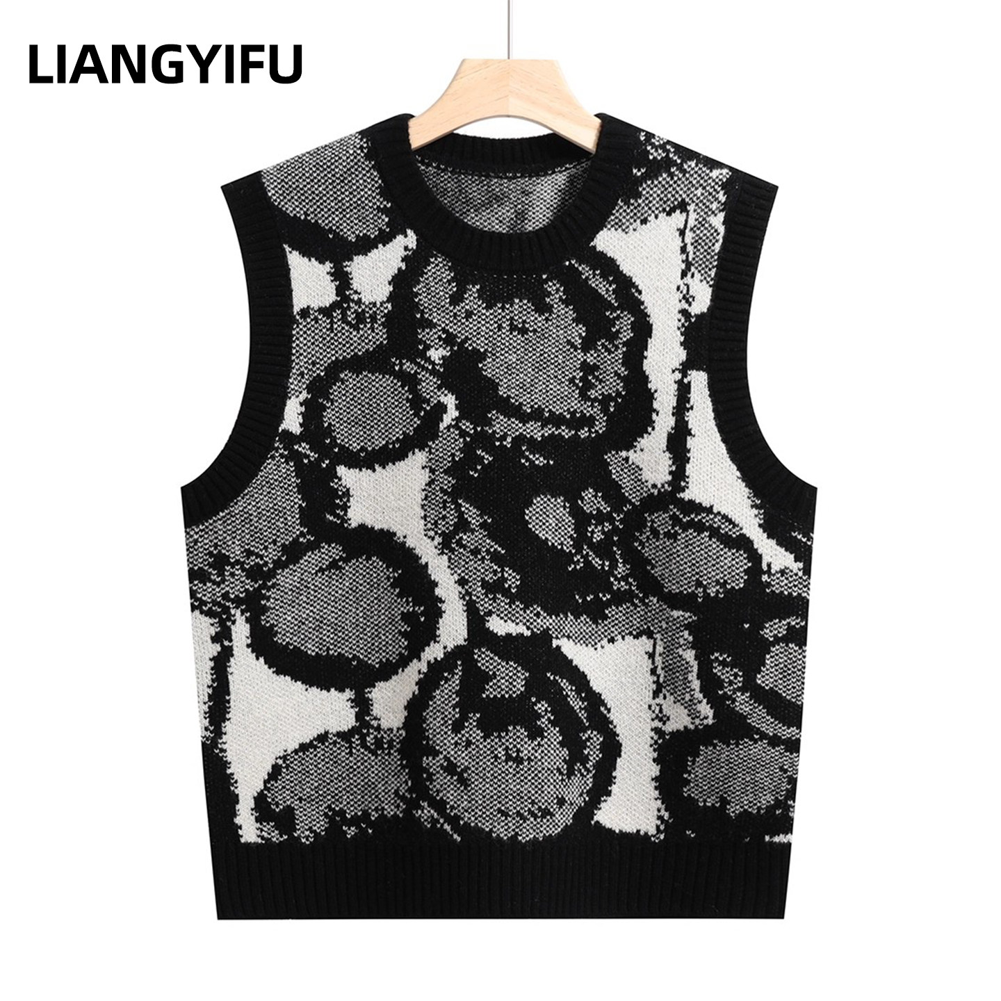 秋冬叠穿套头印花女士羊毛背心圆领洋气高端无袖针织毛衣马甲女春