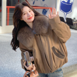 25冬新环保兔毛领pu皮拼接撞色短款90绒派克服170-6813-P295-K428，女装羽绒服，浙宝170