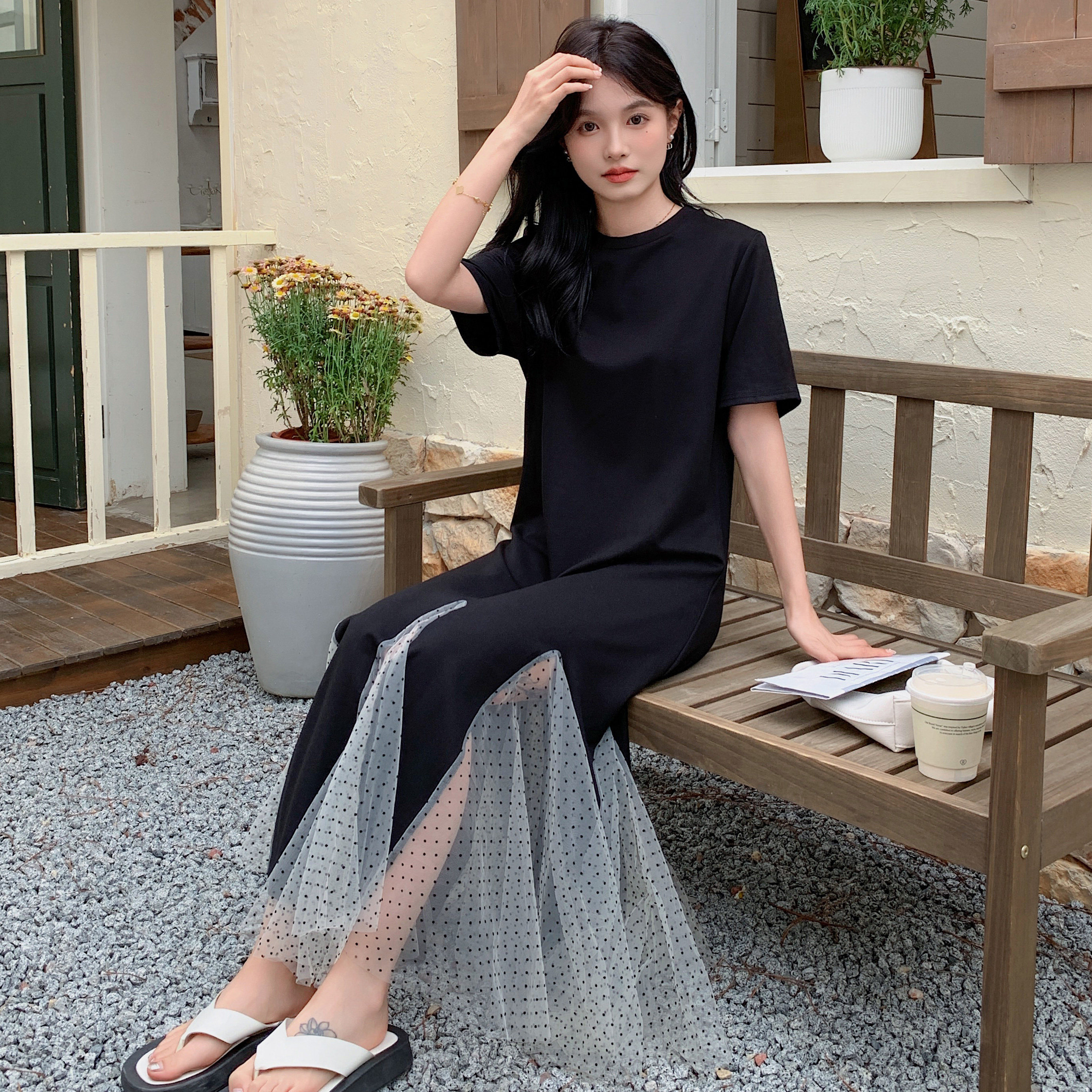 黑色气质拼接圆领短袖连衣裙女2025夏新款下摆撞色宽松显瘦长裙子,女装连衣裙,浙宝170