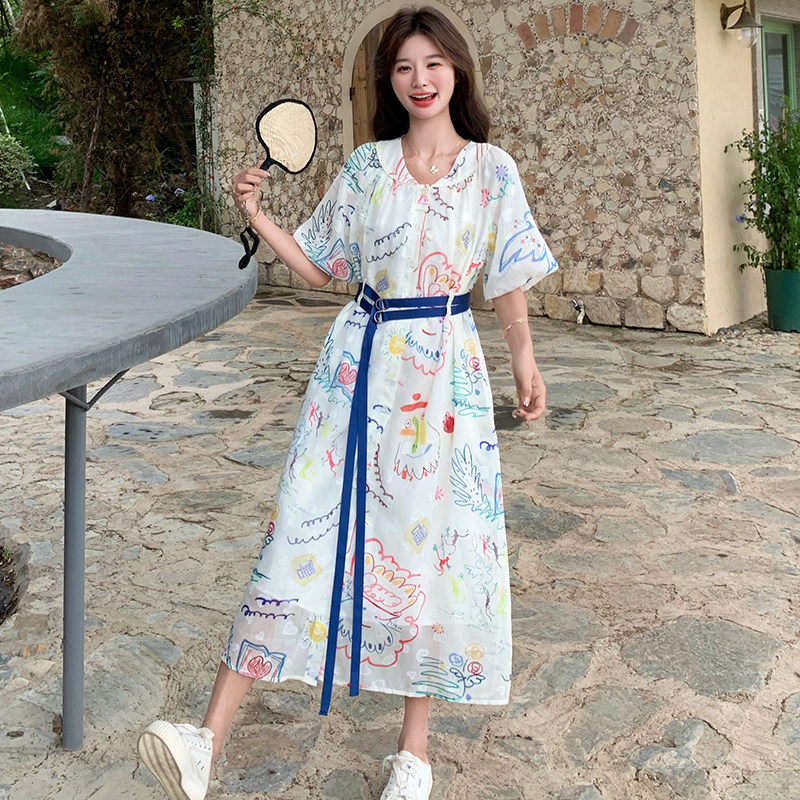 涂鸦度假风收腰连衣裙女夏2025新款法式收腰流行绝美独特漂亮长裙,女装连衣裙,浙宝170