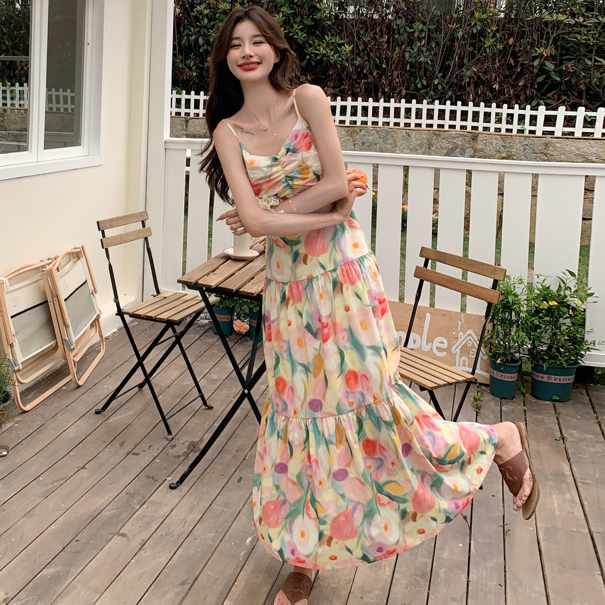 茶歇法式油画吊带连衣裙开衫夏季新款碎花显瘦长裙女,女装连衣裙,浙宝170