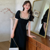 法式气质赫本风方领连衣裙女2025夏季新款韩版收腰显瘦茶歇长裙子，女装连衣裙，浙宝170