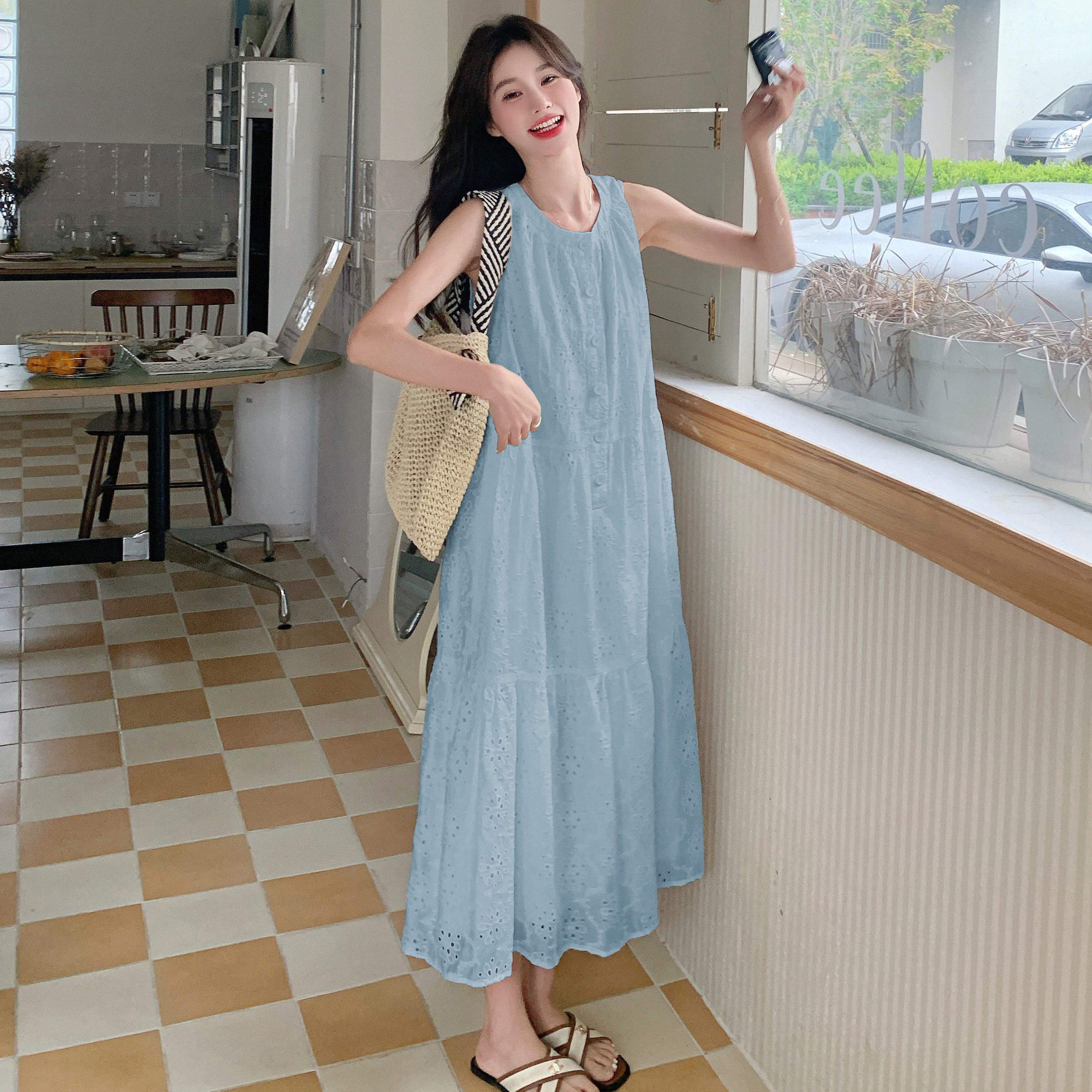 洋气减龄杏色连衣裙女夏季2025新款文艺气质超仙法式无袖长裙,女装连衣裙,浙宝170