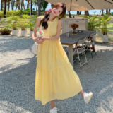 淡黄色无袖背心连衣裙女2025夏季时尚新款甜美森系少女小清新长裙，女装连衣裙，浙宝170