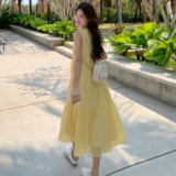淡黄色无袖背心连衣裙女2025夏季时尚新款甜美森系少女小清新长裙，女装连衣裙，浙宝170