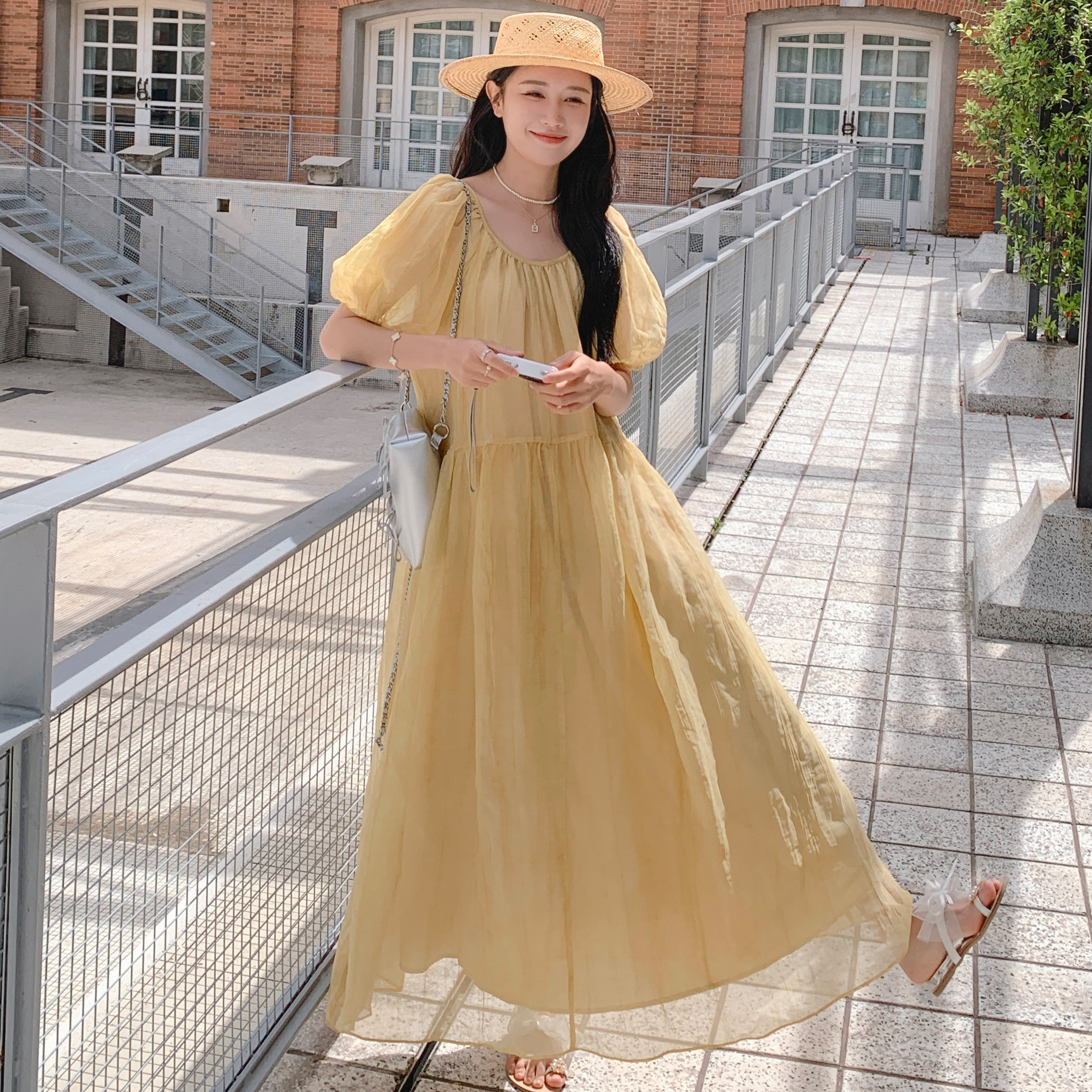 法式温柔风泡泡袖黄色连衣裙女夏季2025新款今年流行显瘦网纱长裙,女装连衣裙,浙宝170