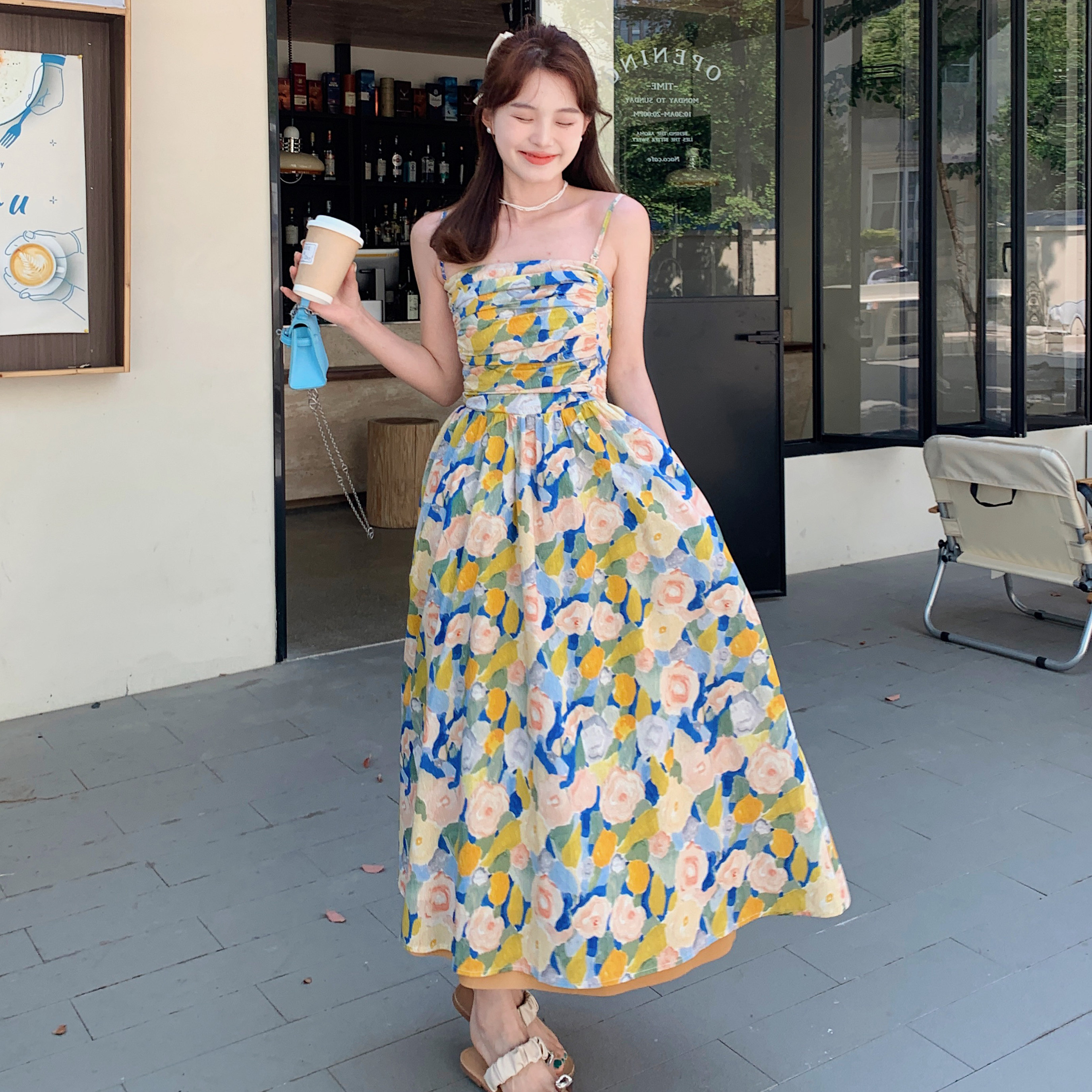 油画碎花吊带连衣裙女夏季2025新款法式甜美海边度假风长款抹胸裙,女装连衣裙,浙宝170