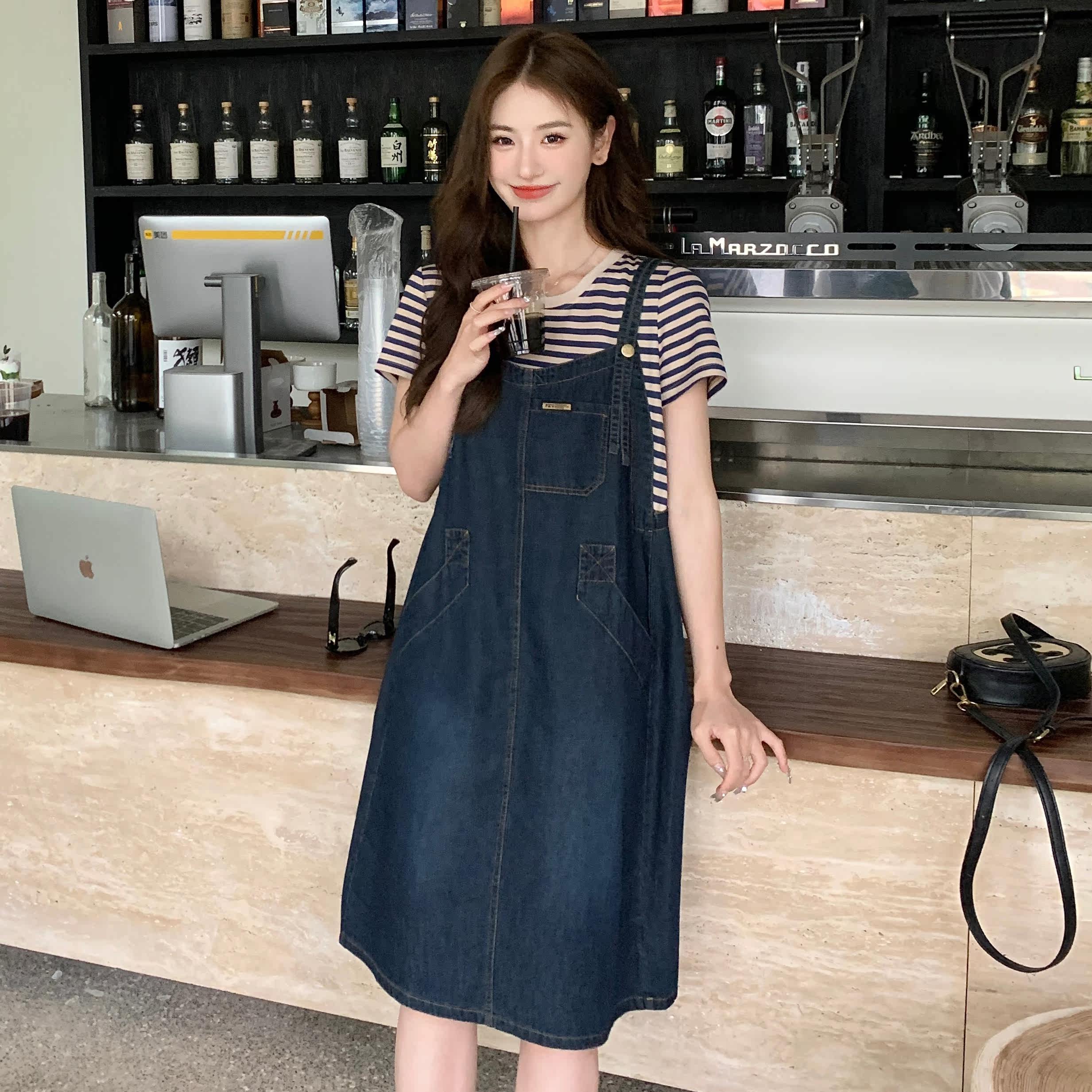 宽松休闲减龄牛仔背带连衣裙女夏2025新款网红炸街假裙子,女装连衣裙,浙宝170