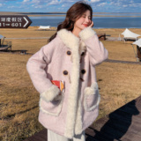 24冬新牛角扣羊羔毛撞色拼接毛呢外套170A-2265-P215-K308，女装毛呢外套，浙宝170