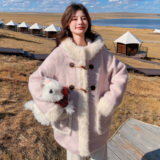 24冬新牛角扣羊羔毛撞色拼接毛呢外套170A-2265-P215-K308，女装毛呢外套，浙宝170