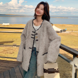 数据好出货中无领牛角扣麂皮绒中长款外套170-2570-P215-K308，女装皮草，浙宝170