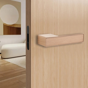 木纹色意式 极简磁吸生态门锁家用室内卧室房门把手简约一字型锁具