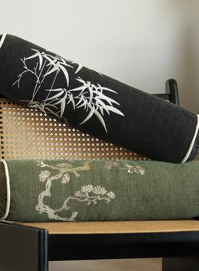 中古新中式刺绣长条圆柱枕法式中国风沙发扶手枕腰枕睡觉夹腿枕