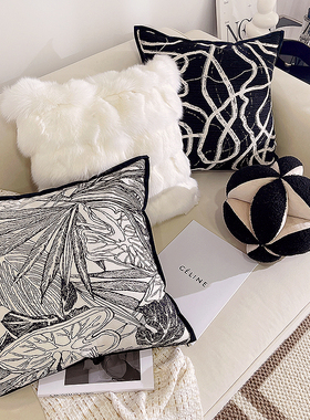 简约现代黑色系客厅沙发抱枕轻奢靠枕刺绣靠垫方形组合高级感枕套