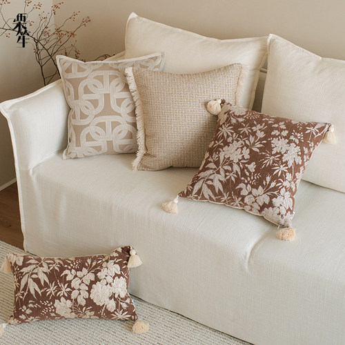 法式美拉德棕色流苏花卉抱枕