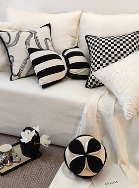 简约现代黑白轻奢抱枕客厅沙发靠枕条纹雪尼尔靠垫样板间枕套