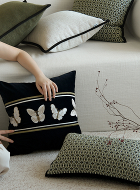 中古老钱风绿色沙发抱枕复古刺绣蝴蝶纹靠枕客厅沙发飘窗靠垫民宿